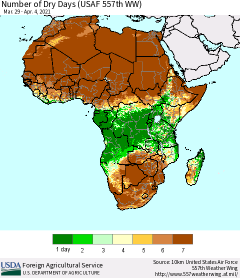 Africa Number of Dry Days (USAF 557th WW) Thematic Map For 3/29/2021 - 4/4/2021