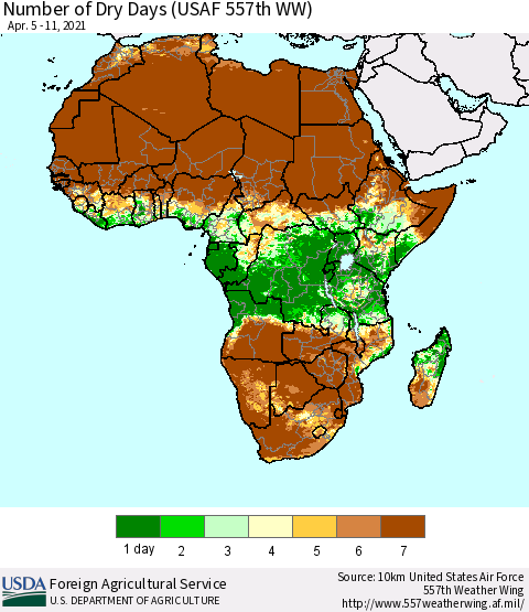 Africa Number of Dry Days (USAF 557th WW) Thematic Map For 4/5/2021 - 4/11/2021