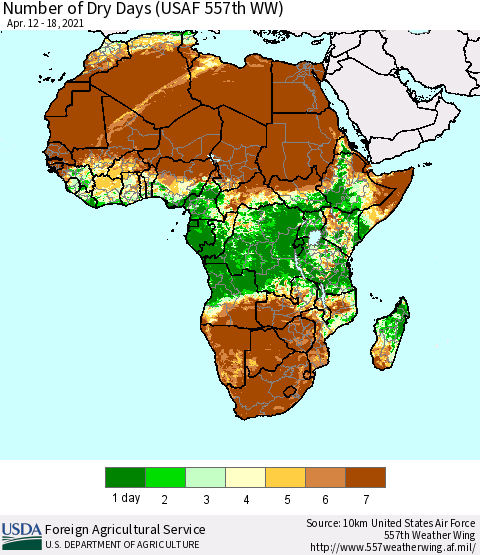 Africa Number of Dry Days (USAF 557th WW) Thematic Map For 4/12/2021 - 4/18/2021