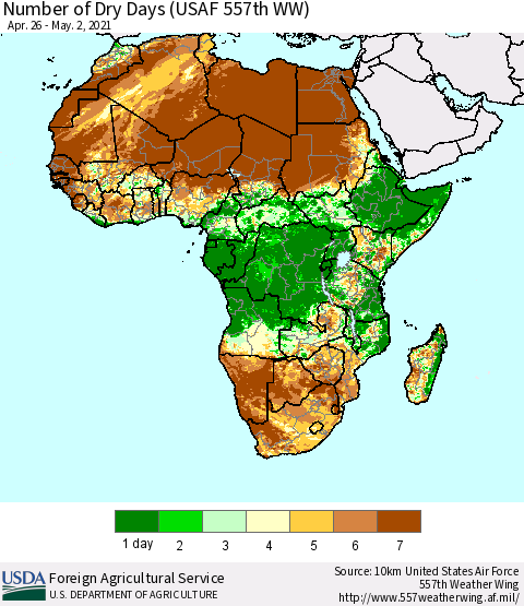 Africa Number of Dry Days (USAF 557th WW) Thematic Map For 4/26/2021 - 5/2/2021