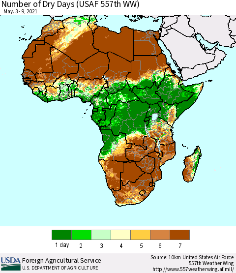 Africa Number of Dry Days (USAF 557th WW) Thematic Map For 5/3/2021 - 5/9/2021