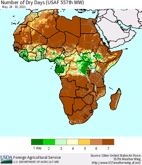 Africa Number of Dry Days (USAF 557th WW) Thematic Map For 5/24/2021 - 5/30/2021