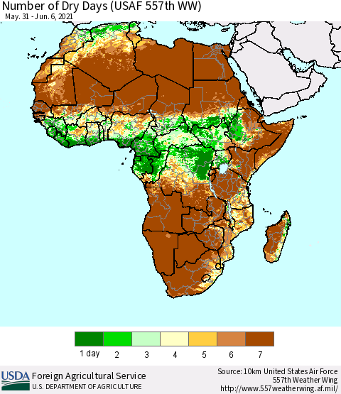 Africa Number of Dry Days (USAF 557th WW) Thematic Map For 5/31/2021 - 6/6/2021