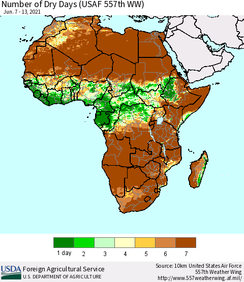 Africa Number of Dry Days (USAF 557th WW) Thematic Map For 6/7/2021 - 6/13/2021