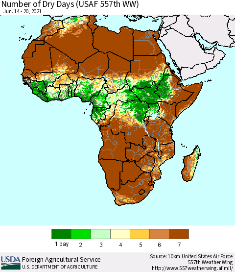 Africa Number of Dry Days (USAF 557th WW) Thematic Map For 6/14/2021 - 6/20/2021