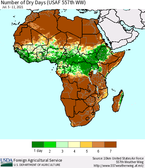 Africa Number of Dry Days (USAF 557th WW) Thematic Map For 7/5/2021 - 7/11/2021