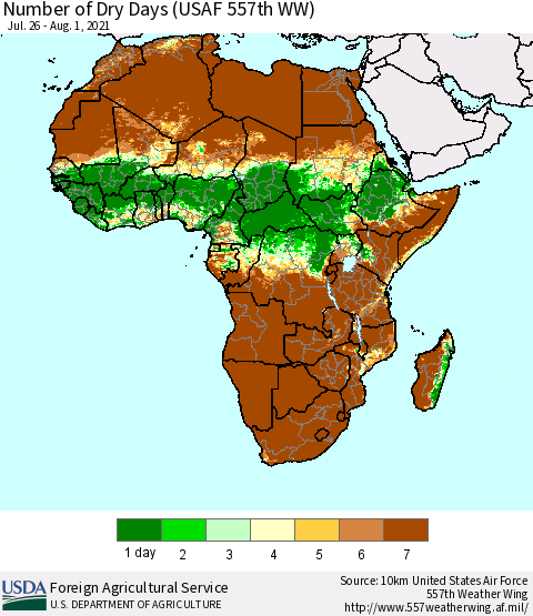 Africa Number of Dry Days (USAF 557th WW) Thematic Map For 7/26/2021 - 8/1/2021