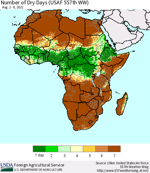 Africa Number of Dry Days (USAF 557th WW) Thematic Map For 8/2/2021 - 8/8/2021