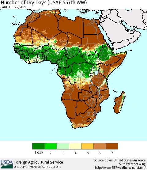 Africa Number of Dry Days (USAF 557th WW) Thematic Map For 8/16/2021 - 8/22/2021