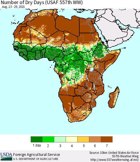 Africa Number of Dry Days (USAF 557th WW) Thematic Map For 8/23/2021 - 8/29/2021