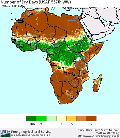 Africa Number of Dry Days (USAF 557th WW) Thematic Map For 8/30/2021 - 9/5/2021