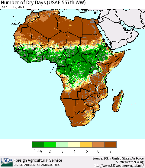 Africa Number of Dry Days (USAF 557th WW) Thematic Map For 9/6/2021 - 9/12/2021