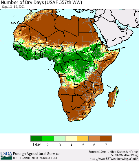 Africa Number of Dry Days (USAF 557th WW) Thematic Map For 9/13/2021 - 9/19/2021