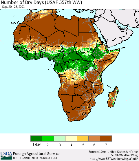 Africa Number of Dry Days (USAF 557th WW) Thematic Map For 9/20/2021 - 9/26/2021