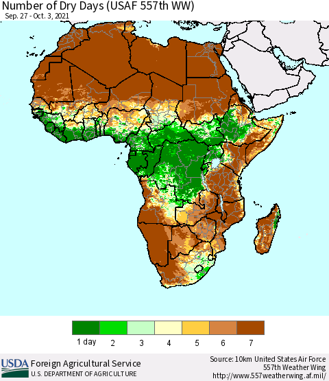 Africa Number of Dry Days (USAF 557th WW) Thematic Map For 9/27/2021 - 10/3/2021