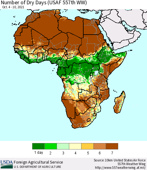 Africa Number of Dry Days (USAF 557th WW) Thematic Map For 10/4/2021 - 10/10/2021