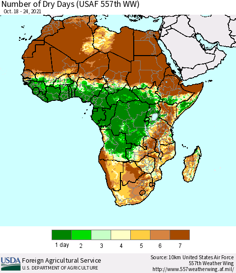 Africa Number of Dry Days (USAF 557th WW) Thematic Map For 10/18/2021 - 10/24/2021