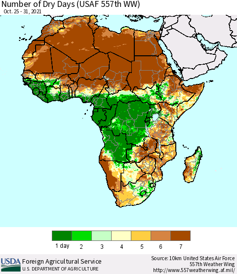 Africa Number of Dry Days (USAF 557th WW) Thematic Map For 10/25/2021 - 10/31/2021