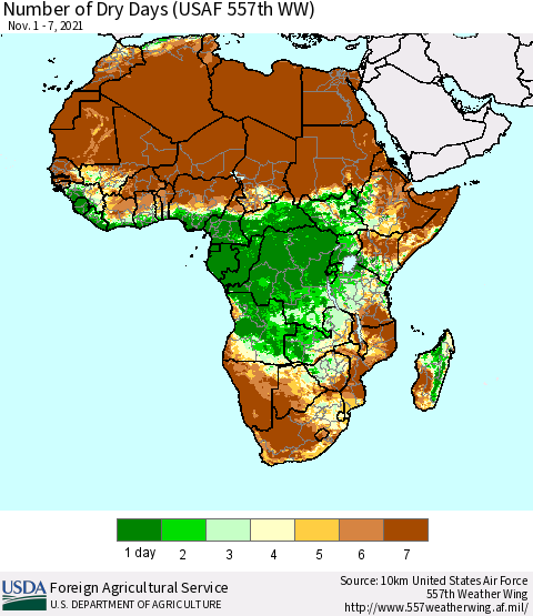 Africa Number of Dry Days (USAF 557th WW) Thematic Map For 11/1/2021 - 11/7/2021