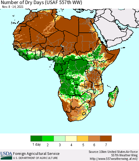 Africa Number of Dry Days (USAF 557th WW) Thematic Map For 11/8/2021 - 11/14/2021