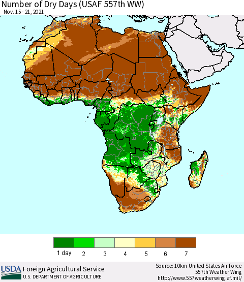 Africa Number of Dry Days (USAF 557th WW) Thematic Map For 11/15/2021 - 11/21/2021