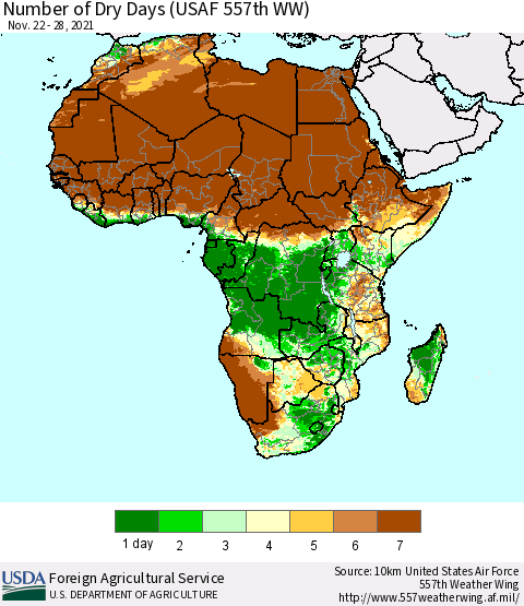 Africa Number of Dry Days (USAF 557th WW) Thematic Map For 11/22/2021 - 11/28/2021