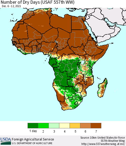 Africa Number of Dry Days (USAF 557th WW) Thematic Map For 12/6/2021 - 12/12/2021