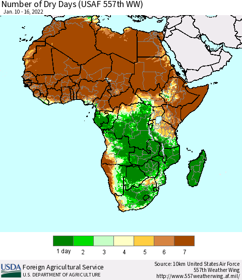 Africa Number of Dry Days (USAF 557th WW) Thematic Map For 1/10/2022 - 1/16/2022