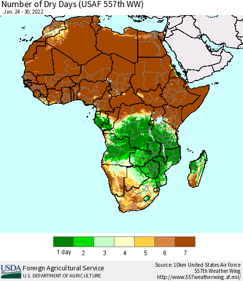 Africa Number of Dry Days (USAF 557th WW) Thematic Map For 1/24/2022 - 1/30/2022