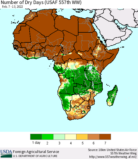 Africa Number of Dry Days (USAF 557th WW) Thematic Map For 2/7/2022 - 2/13/2022