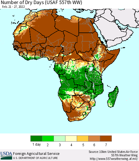 Africa Number of Dry Days (USAF 557th WW) Thematic Map For 2/21/2022 - 2/27/2022