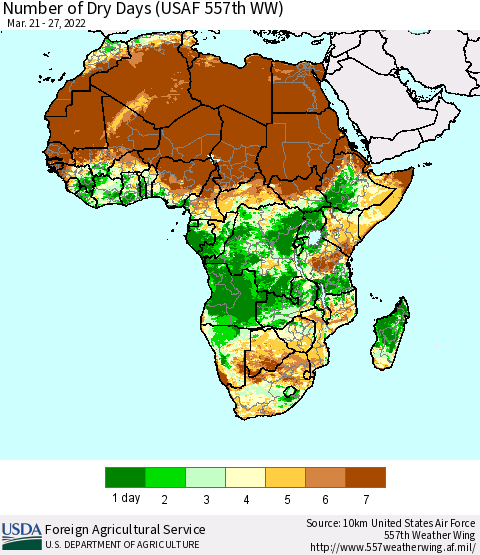 Africa Number of Dry Days (USAF 557th WW) Thematic Map For 3/21/2022 - 3/27/2022
