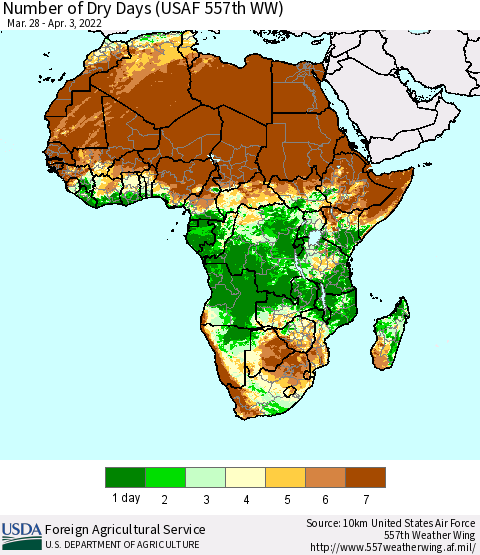 Africa Number of Dry Days (USAF 557th WW) Thematic Map For 3/28/2022 - 4/3/2022