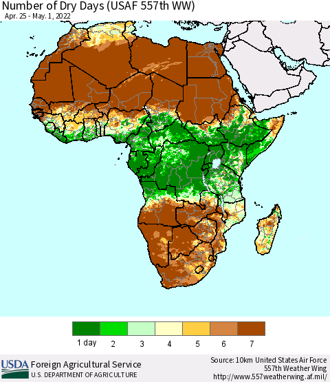 Africa Number of Dry Days (USAF 557th WW) Thematic Map For 4/25/2022 - 5/1/2022
