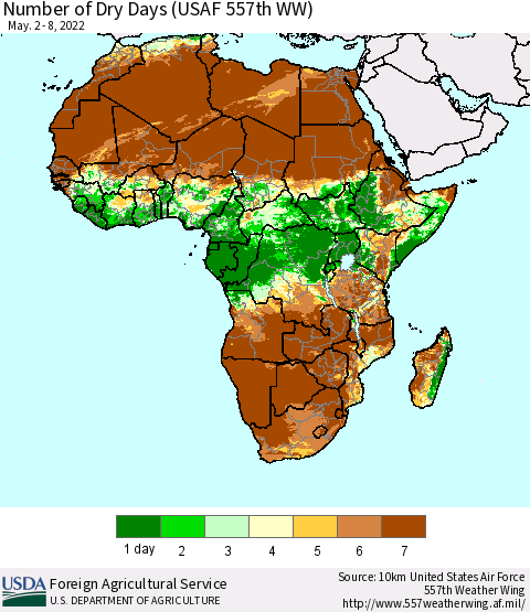 Africa Number of Dry Days (USAF 557th WW) Thematic Map For 5/2/2022 - 5/8/2022