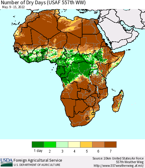 Africa Number of Dry Days (USAF 557th WW) Thematic Map For 5/9/2022 - 5/15/2022