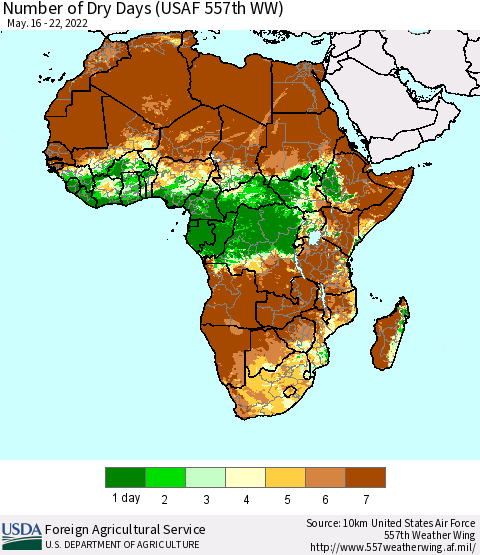 Africa Number of Dry Days (USAF 557th WW) Thematic Map For 5/16/2022 - 5/22/2022