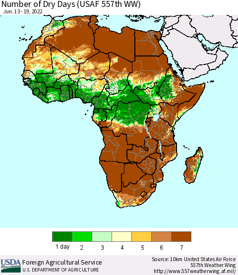 Africa Number of Dry Days (USAF 557th WW) Thematic Map For 6/13/2022 - 6/19/2022