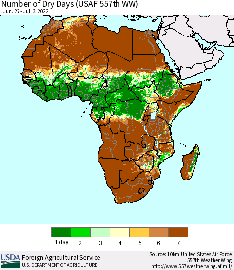 Africa Number of Dry Days (USAF 557th WW) Thematic Map For 6/27/2022 - 7/3/2022