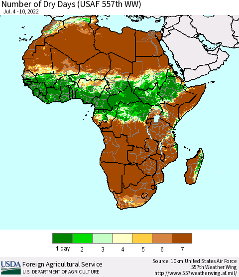 Africa Number of Dry Days (USAF 557th WW) Thematic Map For 7/4/2022 - 7/10/2022