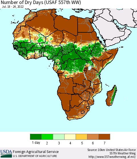 Africa Number of Dry Days (USAF 557th WW) Thematic Map For 7/18/2022 - 7/24/2022