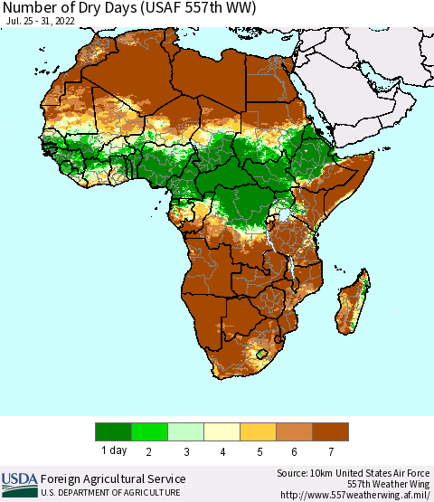 Africa Number of Dry Days (USAF 557th WW) Thematic Map For 7/25/2022 - 7/31/2022