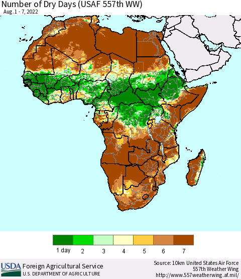 Africa Number of Dry Days (USAF 557th WW) Thematic Map For 8/1/2022 - 8/7/2022