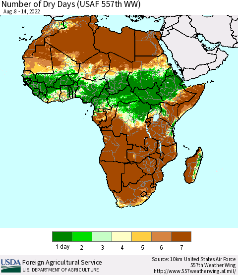 Africa Number of Dry Days (USAF 557th WW) Thematic Map For 8/8/2022 - 8/14/2022