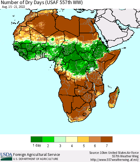 Africa Number of Dry Days (USAF 557th WW) Thematic Map For 8/15/2022 - 8/21/2022