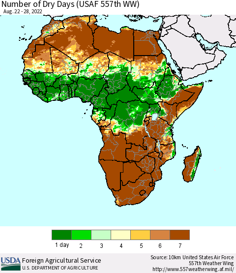 Africa Number of Dry Days (USAF 557th WW) Thematic Map For 8/22/2022 - 8/28/2022