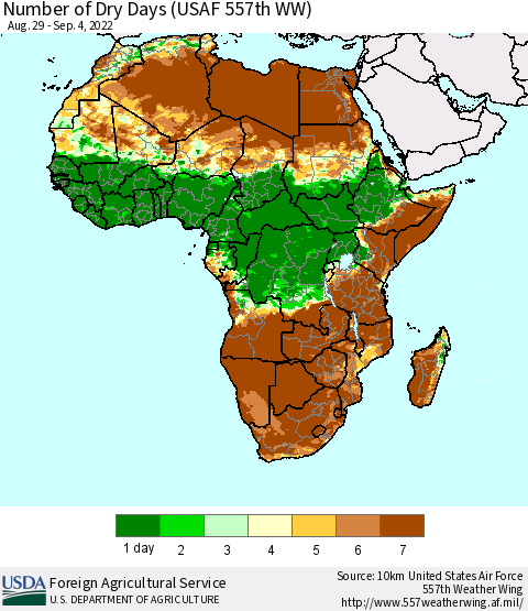Africa Number of Dry Days (USAF 557th WW) Thematic Map For 8/29/2022 - 9/4/2022