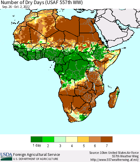 Africa Number of Dry Days (USAF 557th WW) Thematic Map For 9/26/2022 - 10/2/2022
