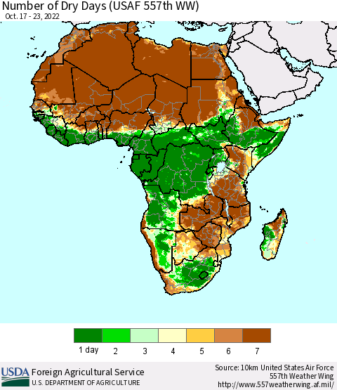 Africa Number of Dry Days (USAF 557th WW) Thematic Map For 10/17/2022 - 10/23/2022