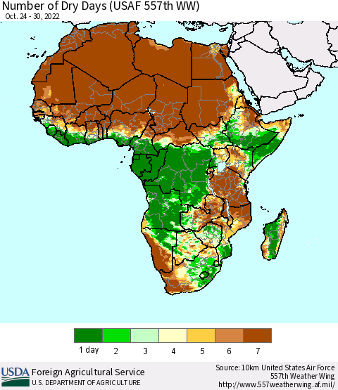 Africa Number of Dry Days (USAF 557th WW) Thematic Map For 10/24/2022 - 10/30/2022